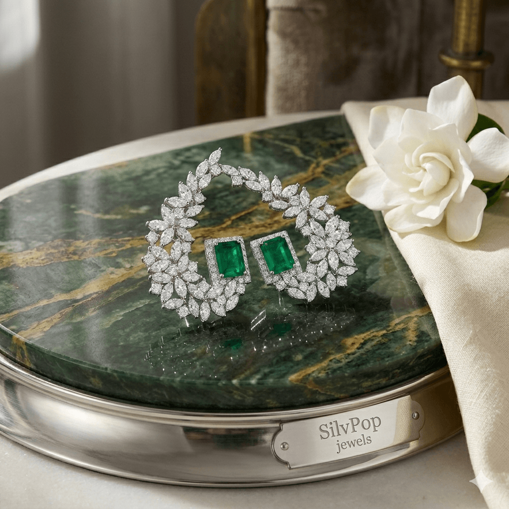 Emerald Halo Crescent Earrings