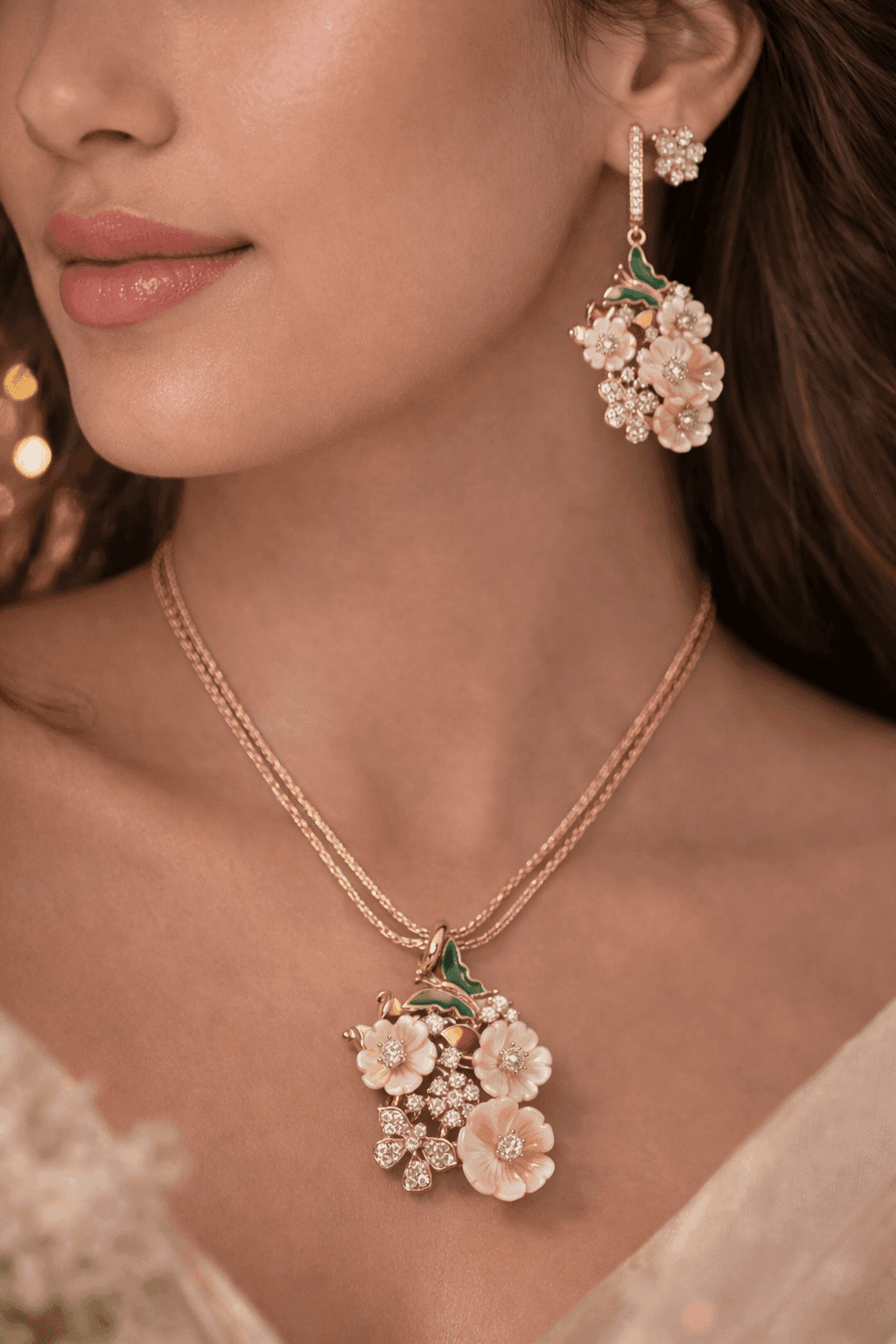 Silvop Golden Bloom Floral Pendant Set