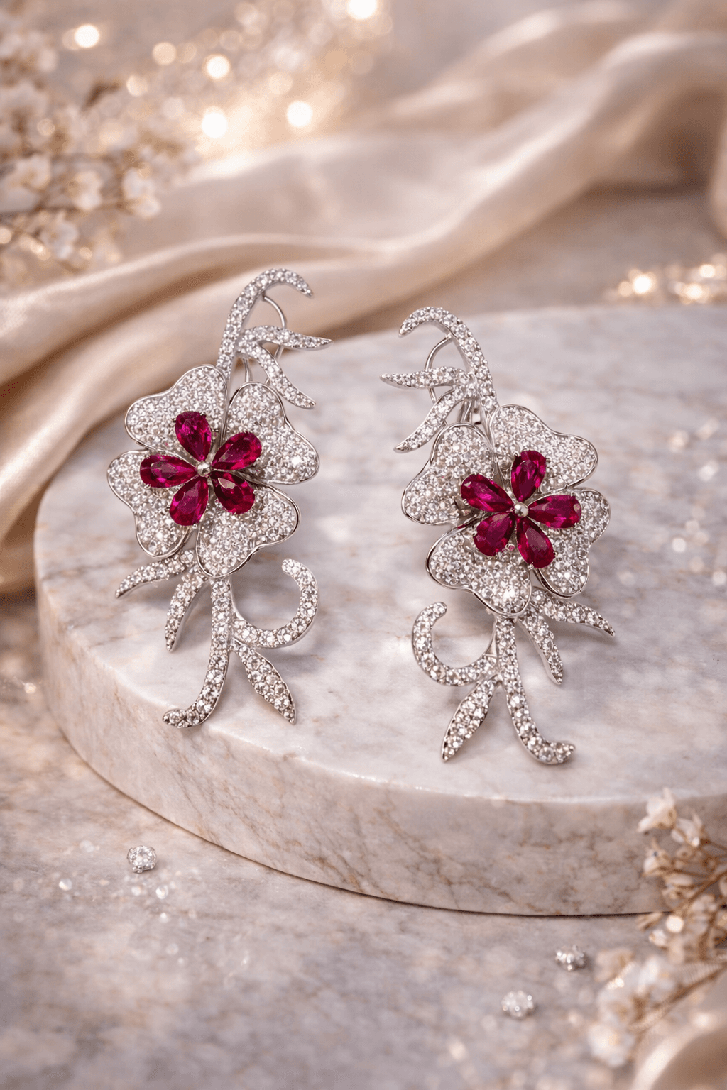 Ruby Blossom Crystal Drop Earrings