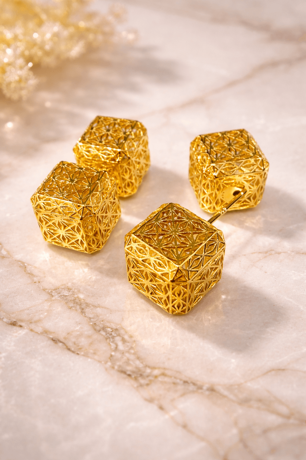 Geometric Lattice Cube Stud Earrings