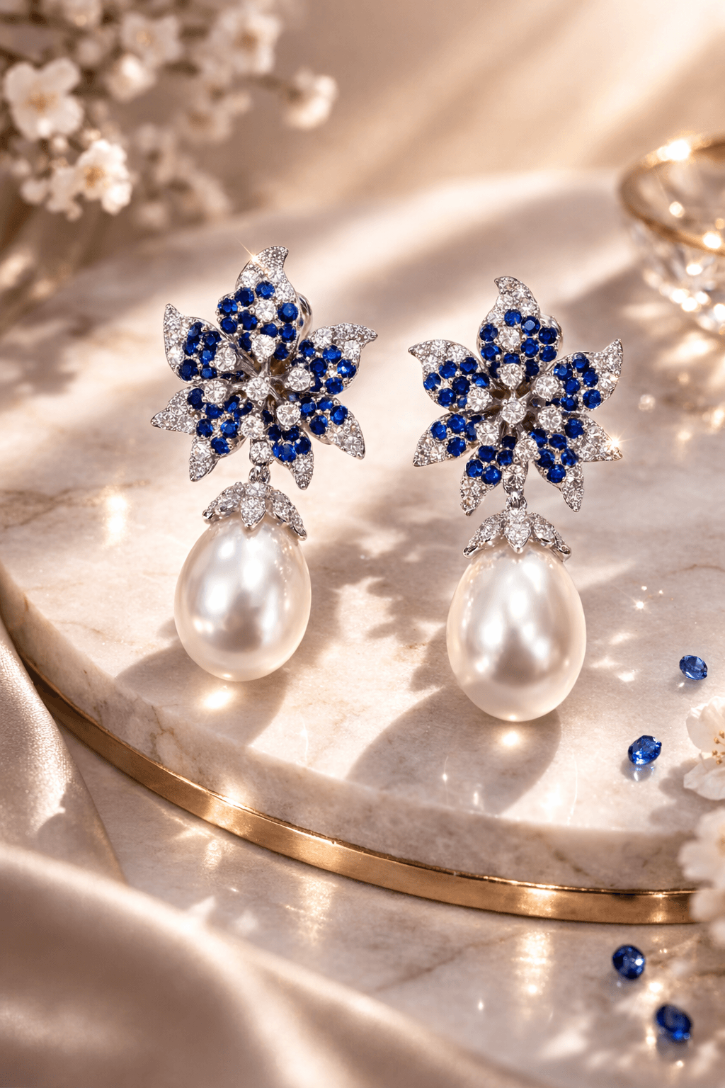 Sapphire Pearl Bloom Drop Earrings
